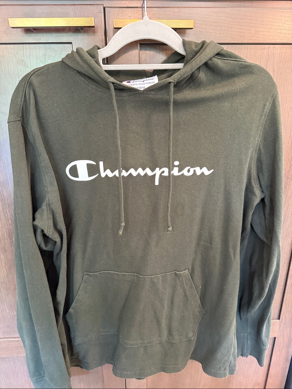 Champion Olive Green Pullover Hoodie with White Script Logo